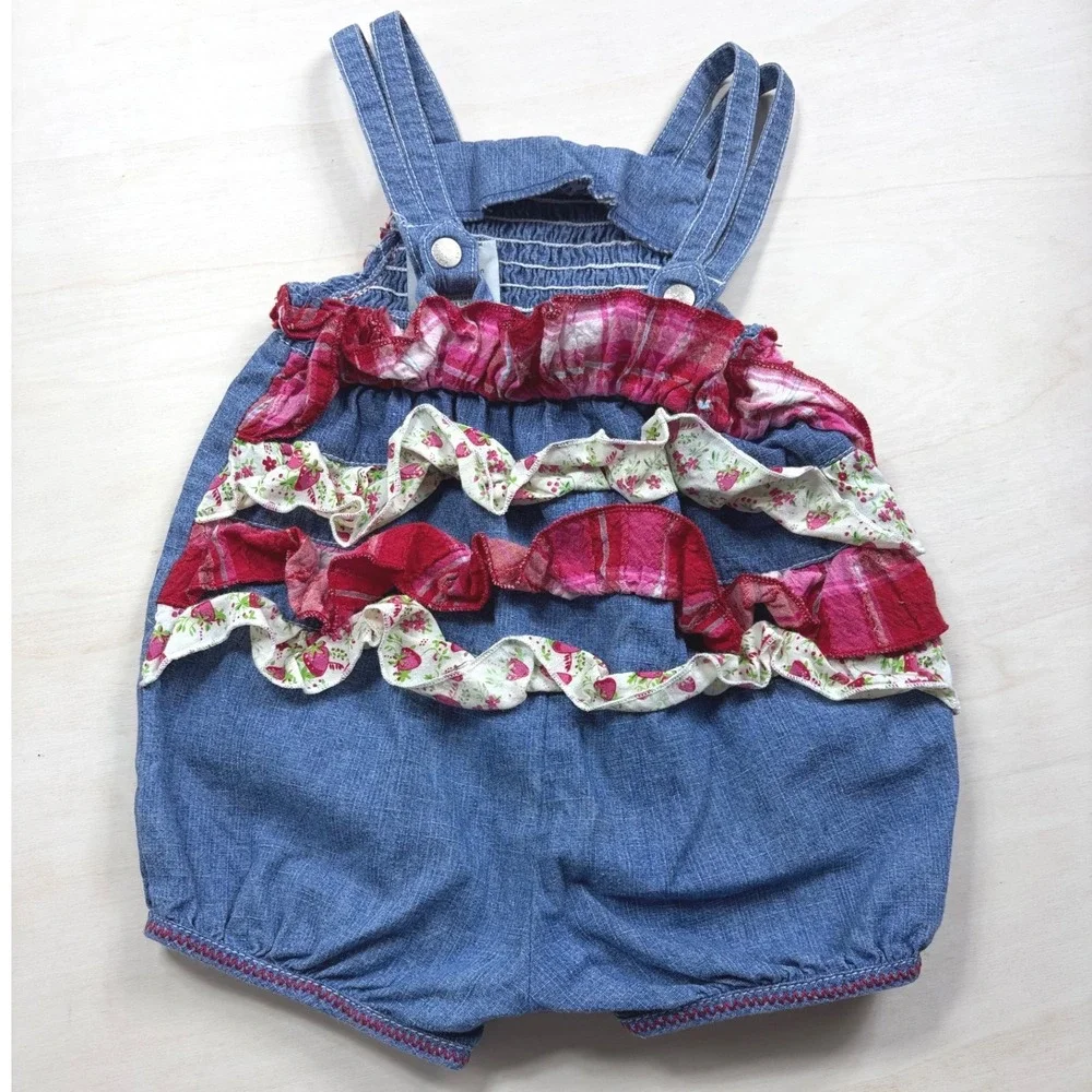 Vintage Faded Glory Baby Ruffle Romper Sweet Berries Strawberry Blue 6-9 Months